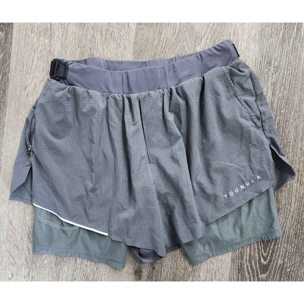 YoungLA Los Angeles Mens 2-in-1 Grey Perforated Gym Training Shorts Size M